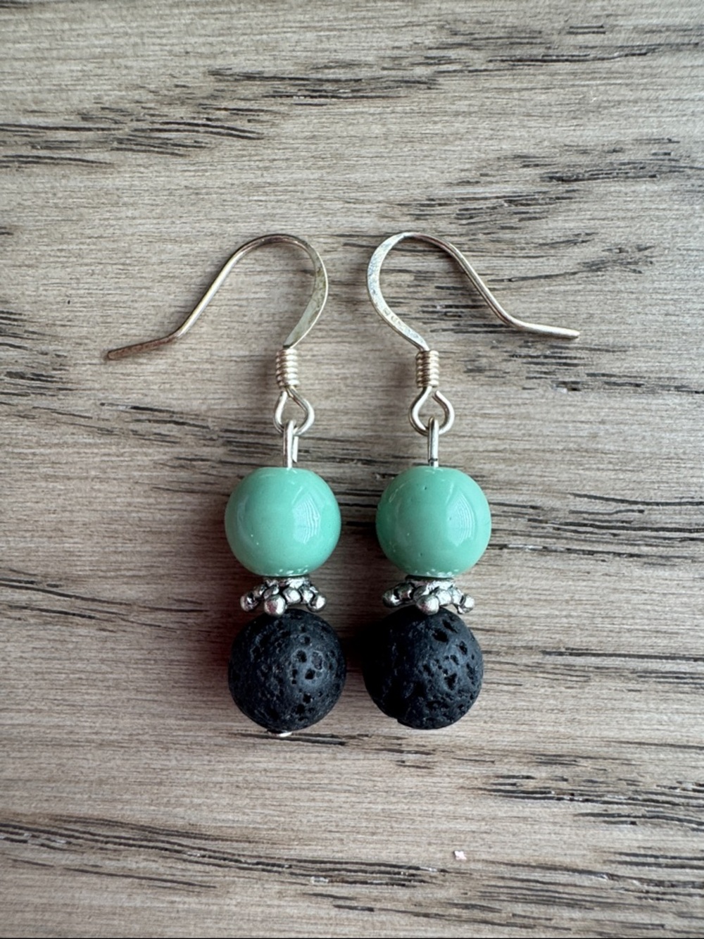 Aromatherapy Green and Black Lava Bead Drop Earrings
